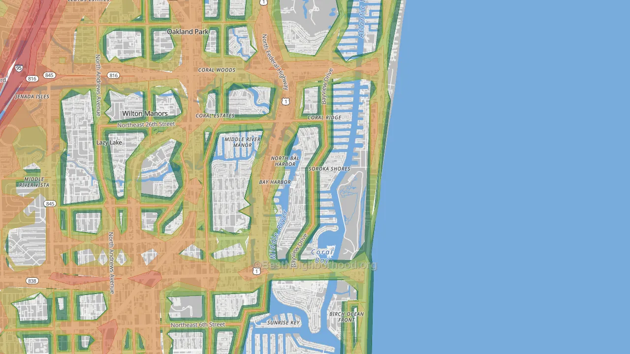 Coral Ridge, Fort Lauderdale, FL Map of Noise Levels in Coral Ridge