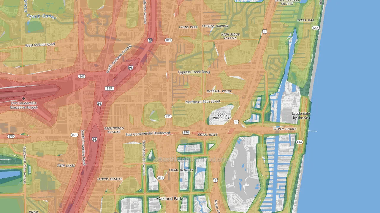 Coral Ridge Isles, Fort Lauderdale, FL Map of Noise Levels in Coral Ridge Isles