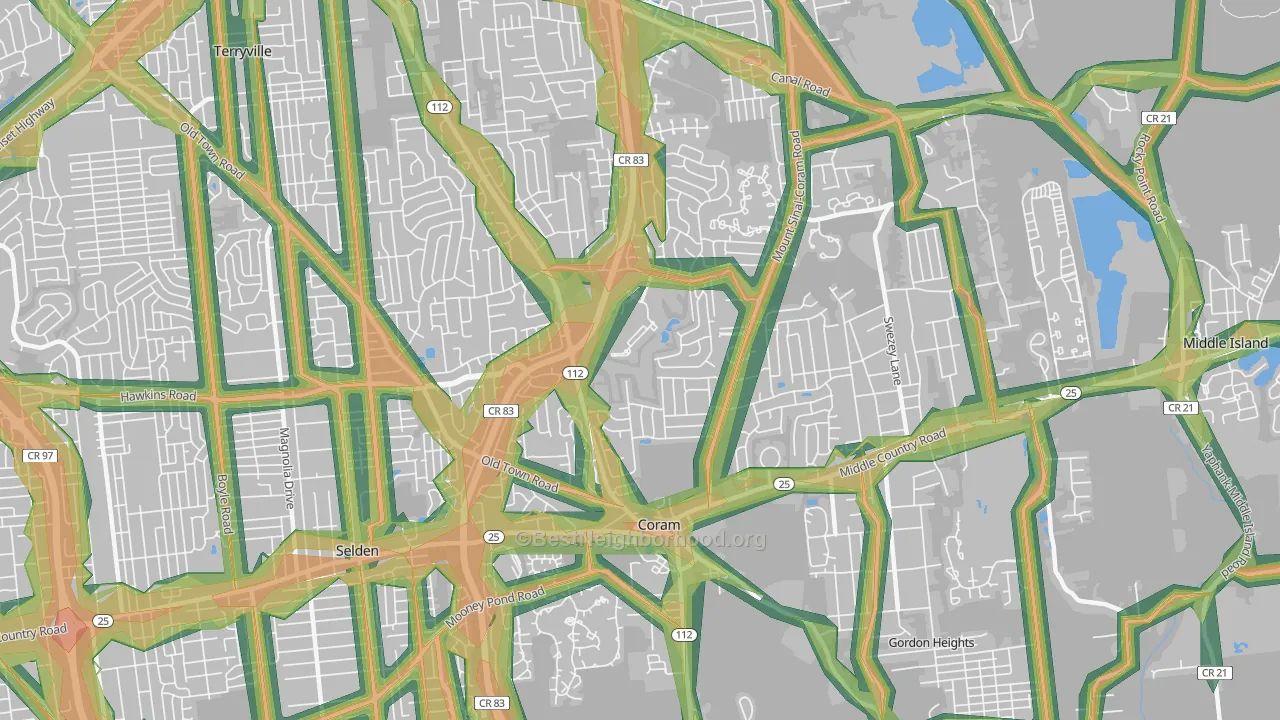 Coram, NY Map of Noise Levels in Coram