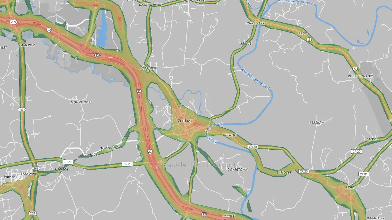 Cordova, AL Map of Noise Levels in Cordova