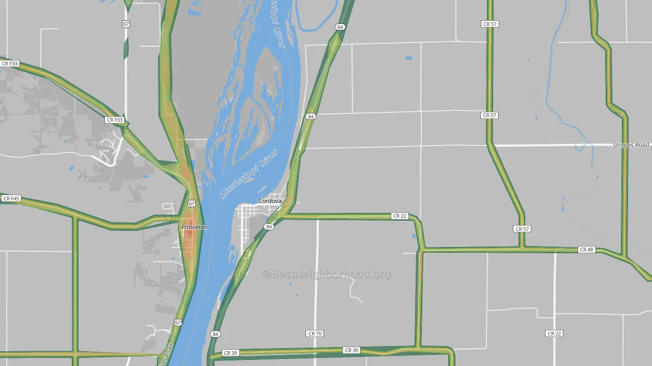 Cordova, IL Map of Noise Levels in Cordova