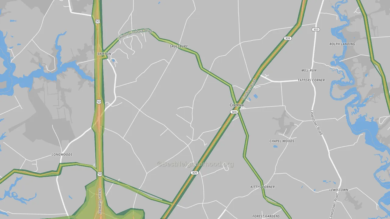 Cordova, MD Map of Noise Levels in Cordova