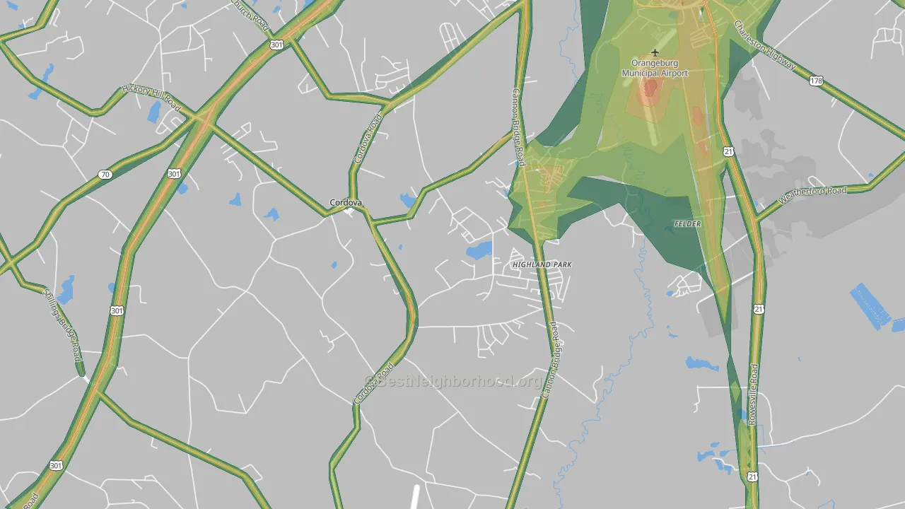 Cordova, SC Map of Noise Levels in Cordova