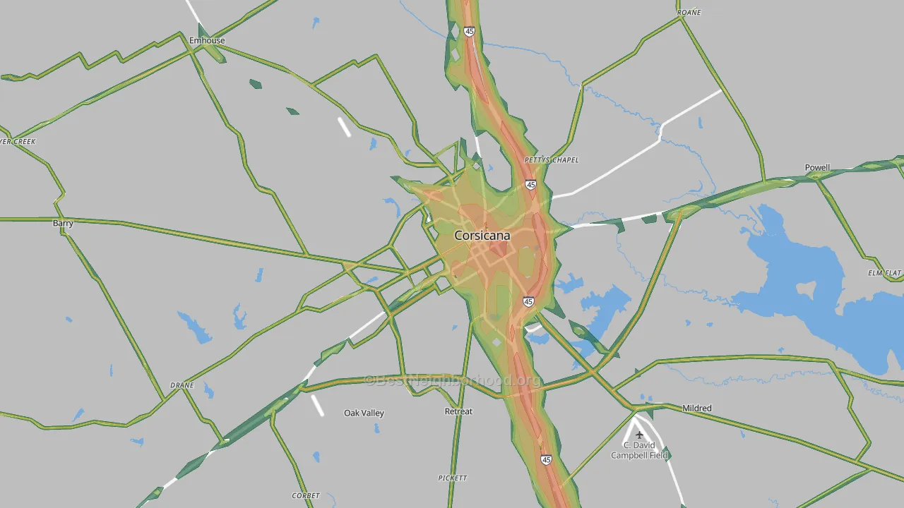 Corsicana, TX Map of Noise Levels in Corsicana
