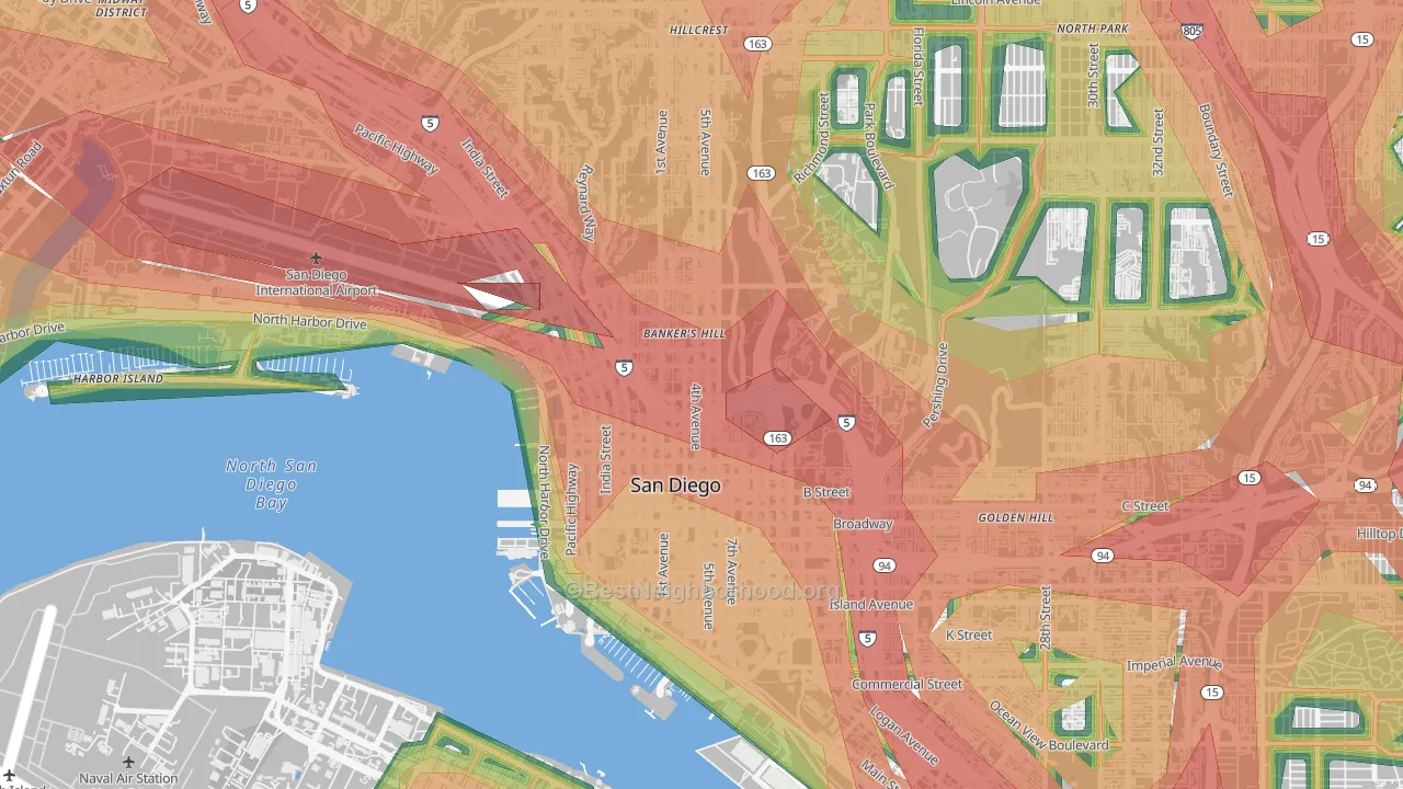 Cortez Hill, San Diego, CA Map of Noise Levels in Cortez Hill