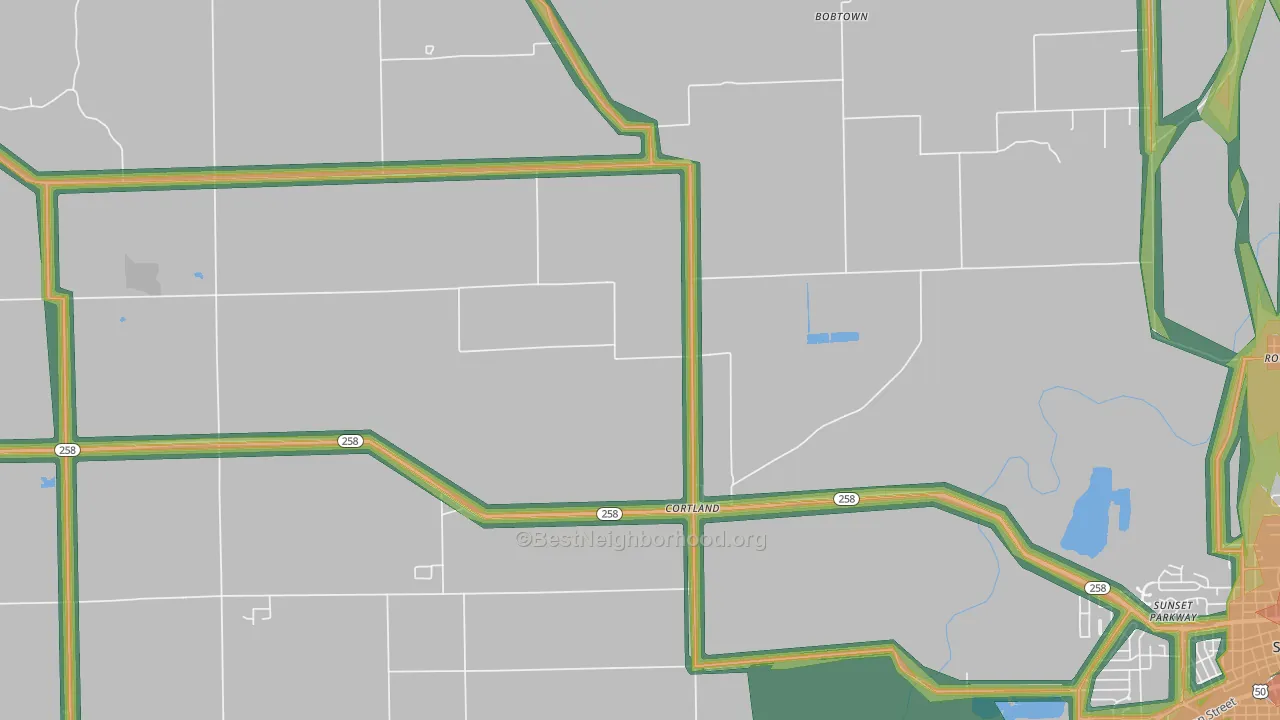 Cortland, IN Map of Noise Levels in Cortland