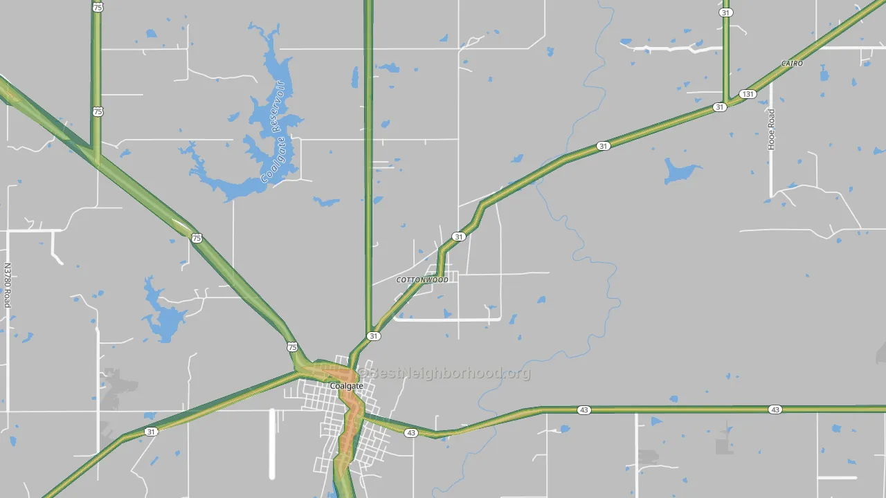 Cottonwood, OK Map of Noise Levels in Cottonwood