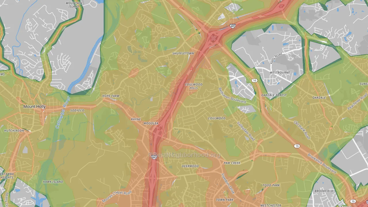 Coulwood West, Charlotte, NC Map of Noise Levels in Coulwood West