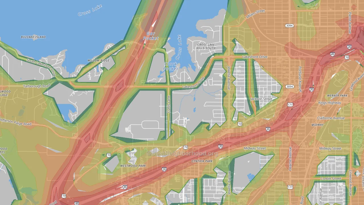 Country Club Hills Lakeshore Shops, Shreveport, LA Map of Noise Levels in Country Club Hills Lakeshore Shops