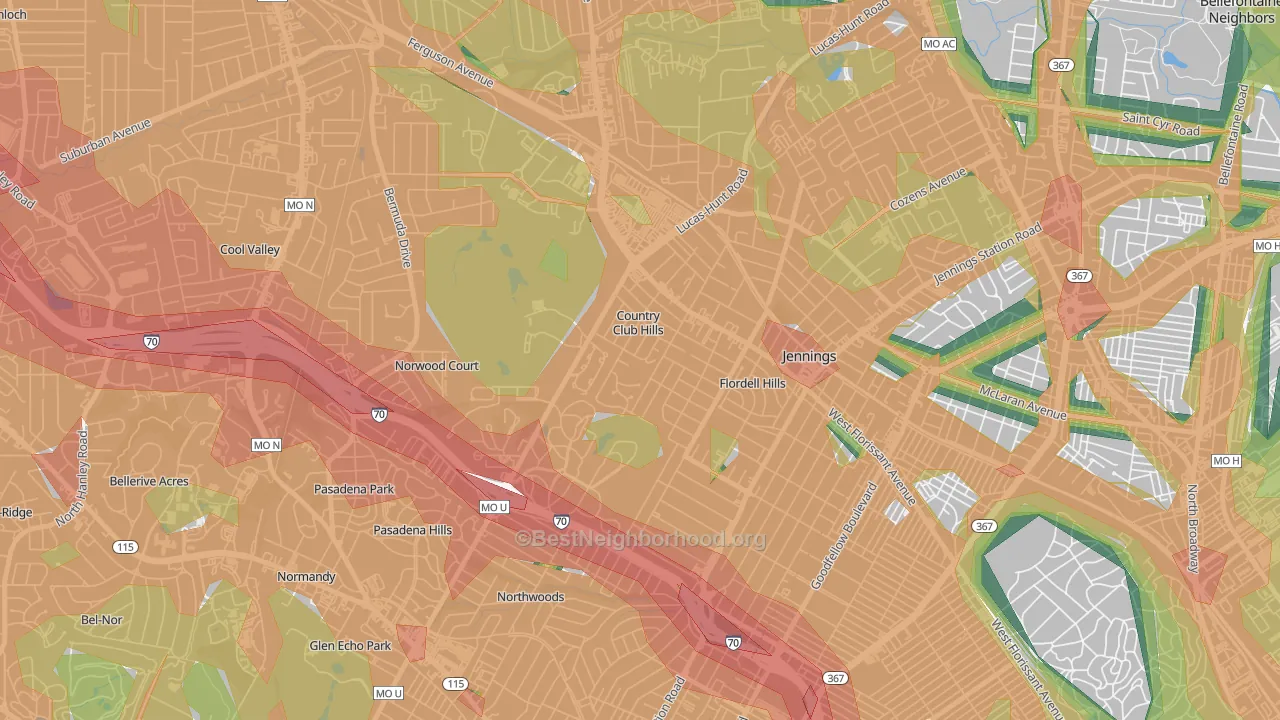 Country Club Hills, MO Map of Noise Levels in Country Club Hills