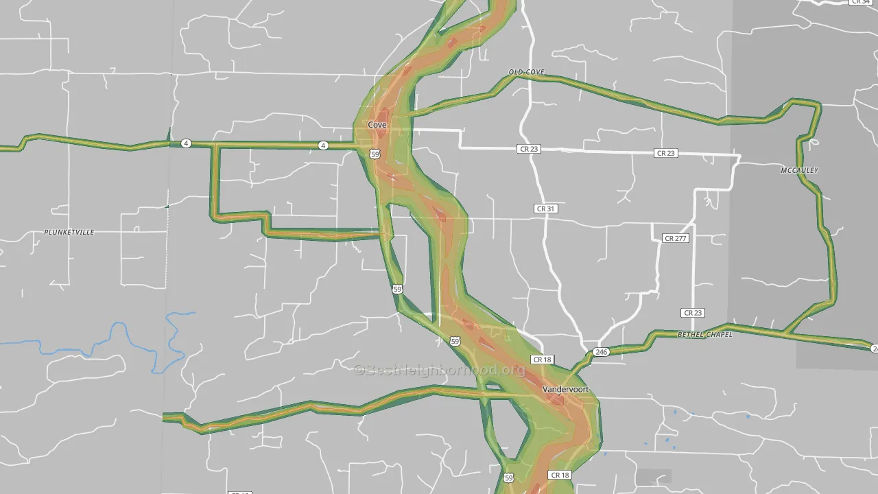 Cove, AR Map of Noise Levels in Cove
