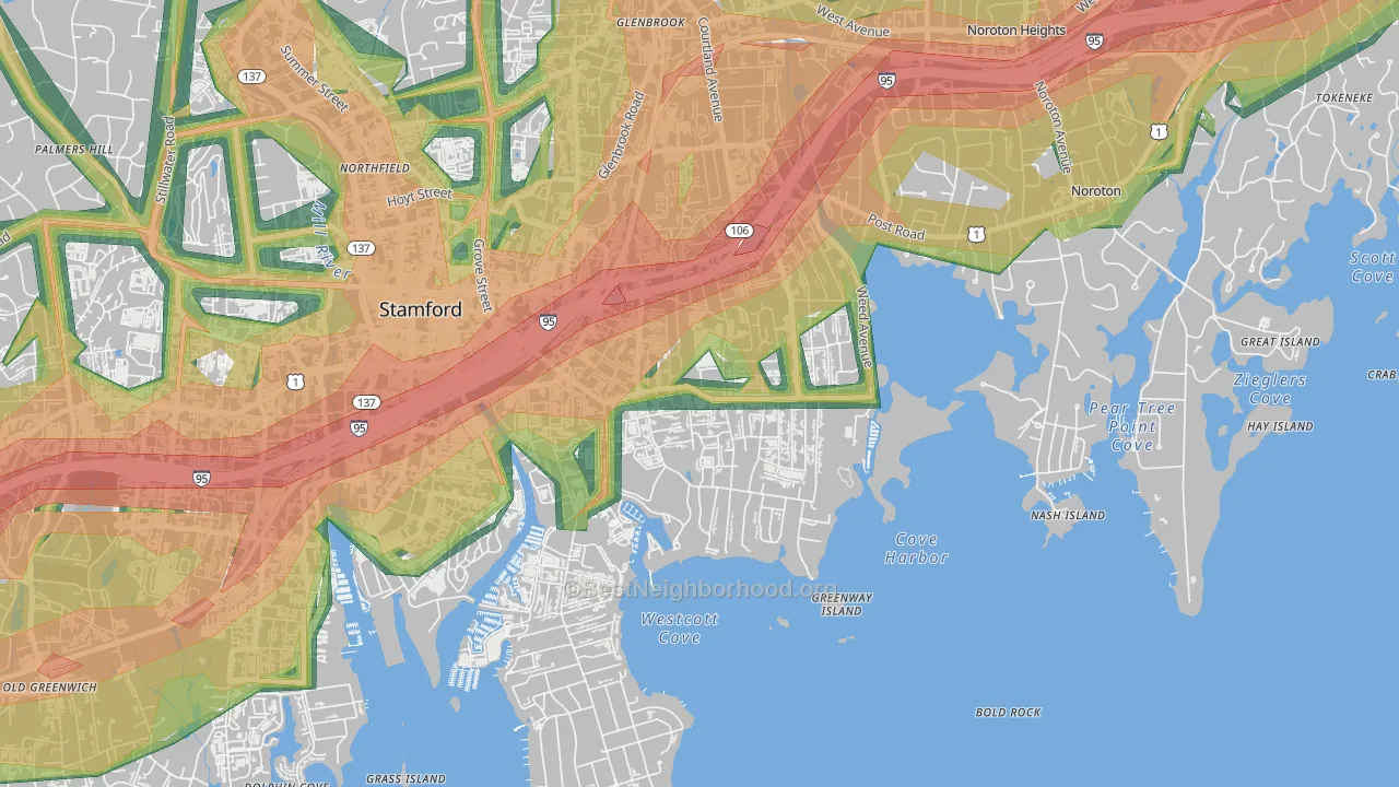Cove-East Side, Stamford, CT Map of Noise Levels in Cove-East Side