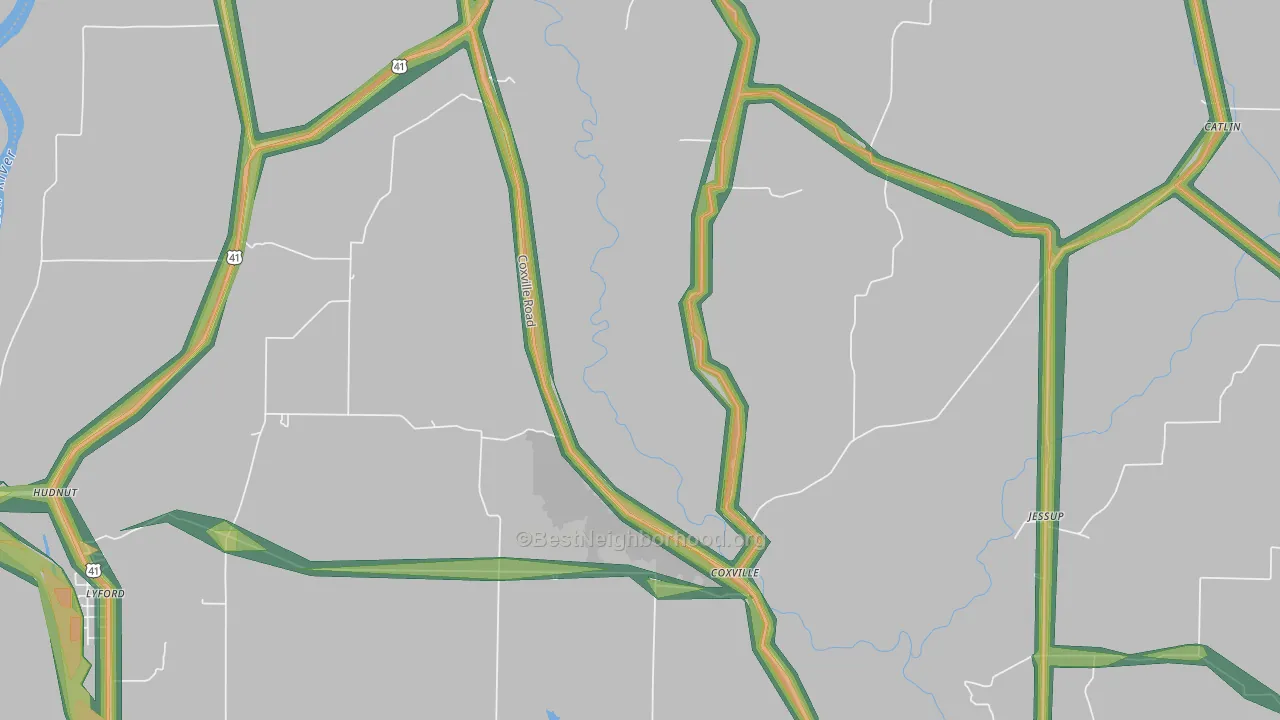 Coxville, IN Map of Noise Levels in Coxville