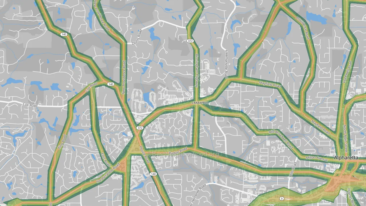 Crabapple, Milton, GA Map of Noise Levels in Crabapple