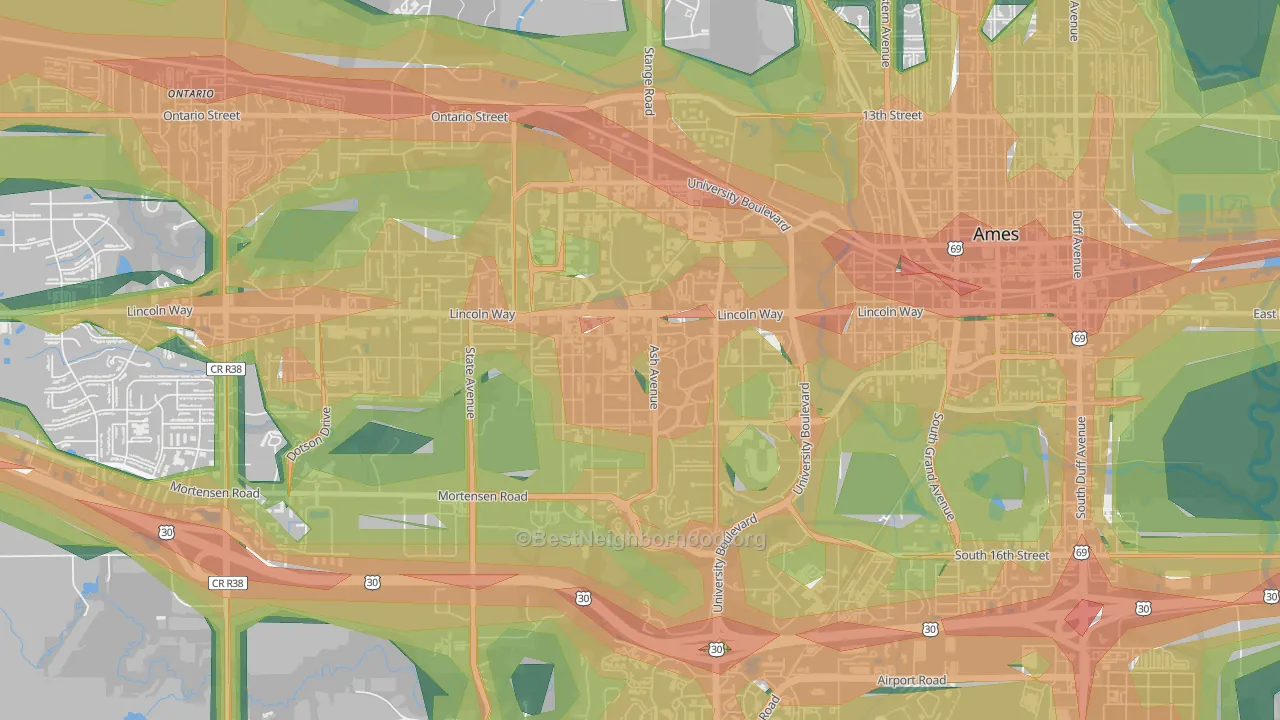 Crawford, Ames, IA Map of Noise Levels in Crawford