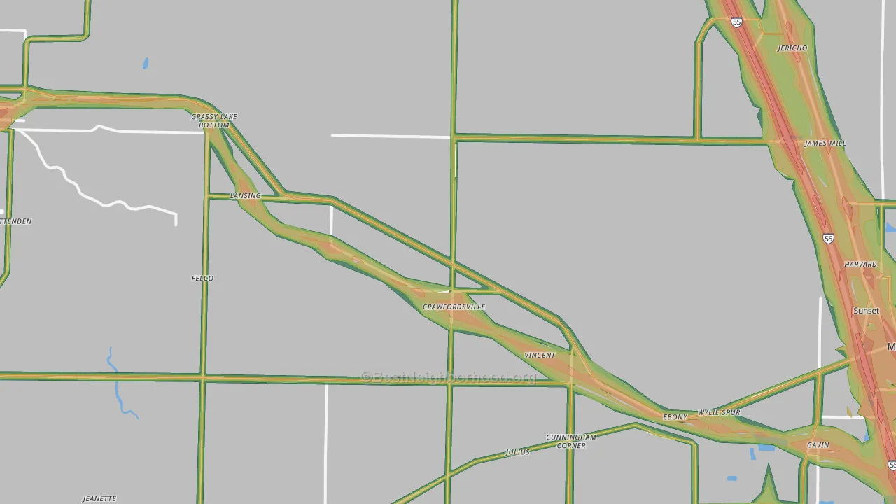 Crawfordsville, AR Map of Noise Levels in Crawfordsville