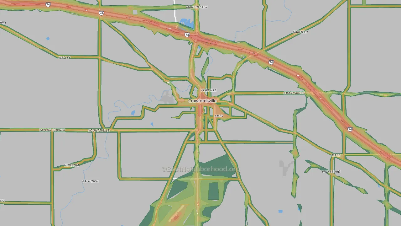 Crawfordsville, IN Map of Noise Levels in Crawfordsville