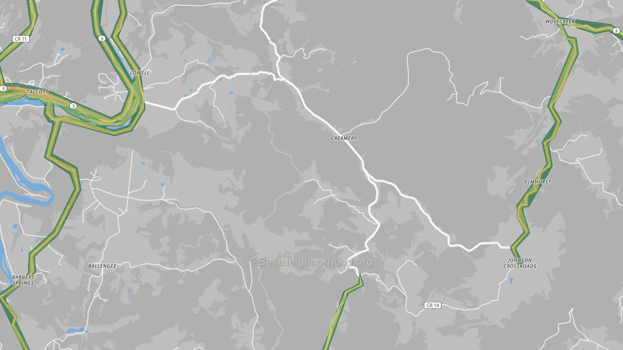 Creamery, WV Map of Noise Levels in Creamery