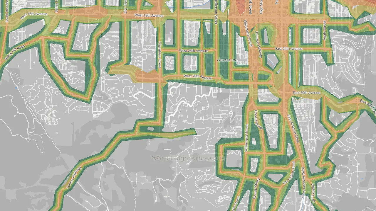 Crest Drive, Eugene, OR Map of Noise Levels in Crest Drive