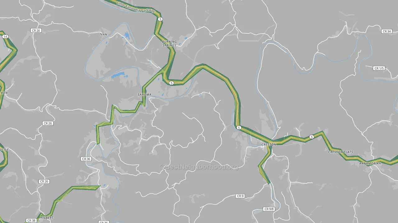 Creston, WV Map of Noise Levels in Creston