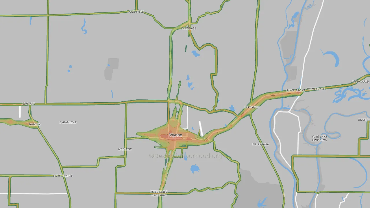 Cross County, AR Map of Noise Levels in Cross County