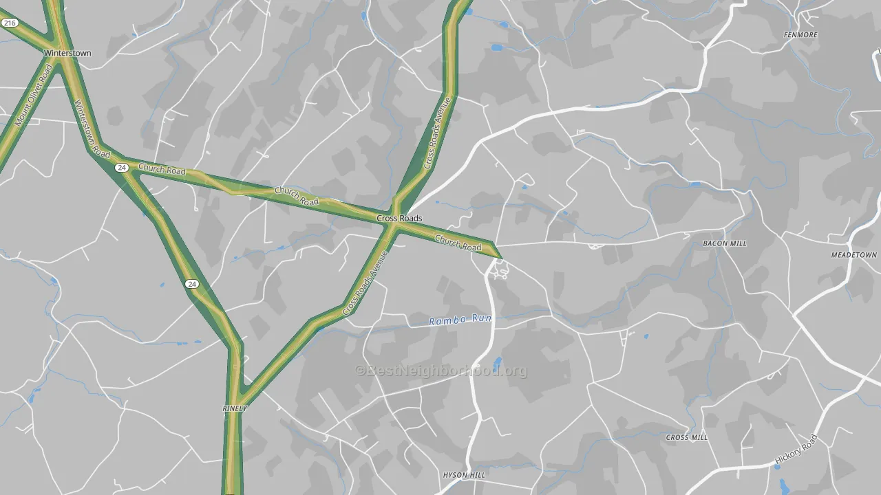 Cross Roads, PA Map of Noise Levels in Cross Roads