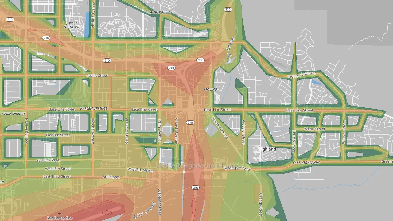 Crossroads, Highland, CA Map of Noise Levels in Crossroads