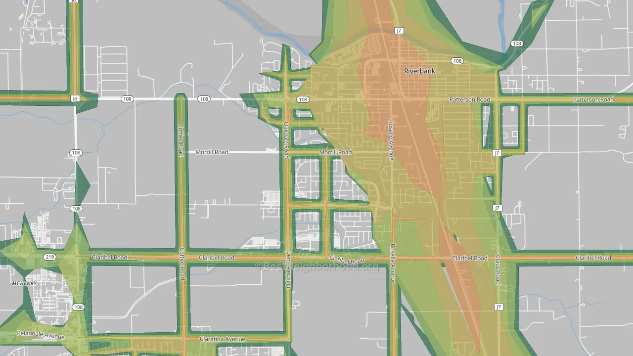Crossroads-Riverbank, Riverbank, CA Map of Noise Levels in Crossroads-Riverbank