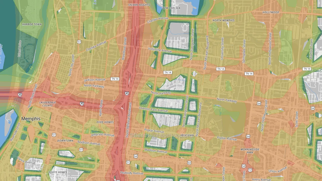 Crosstown, Memphis, TN Map of Noise Levels in Crosstown