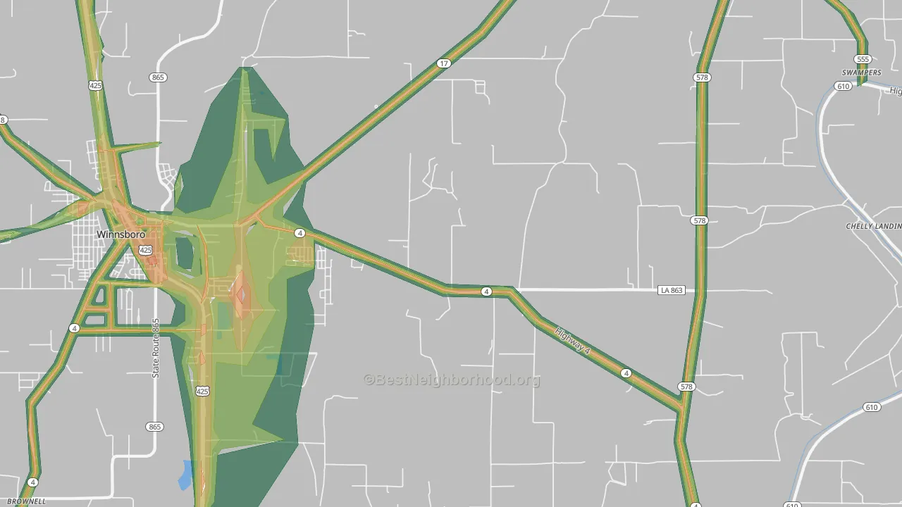 Crowville, LA Map of Noise Levels in Crowville