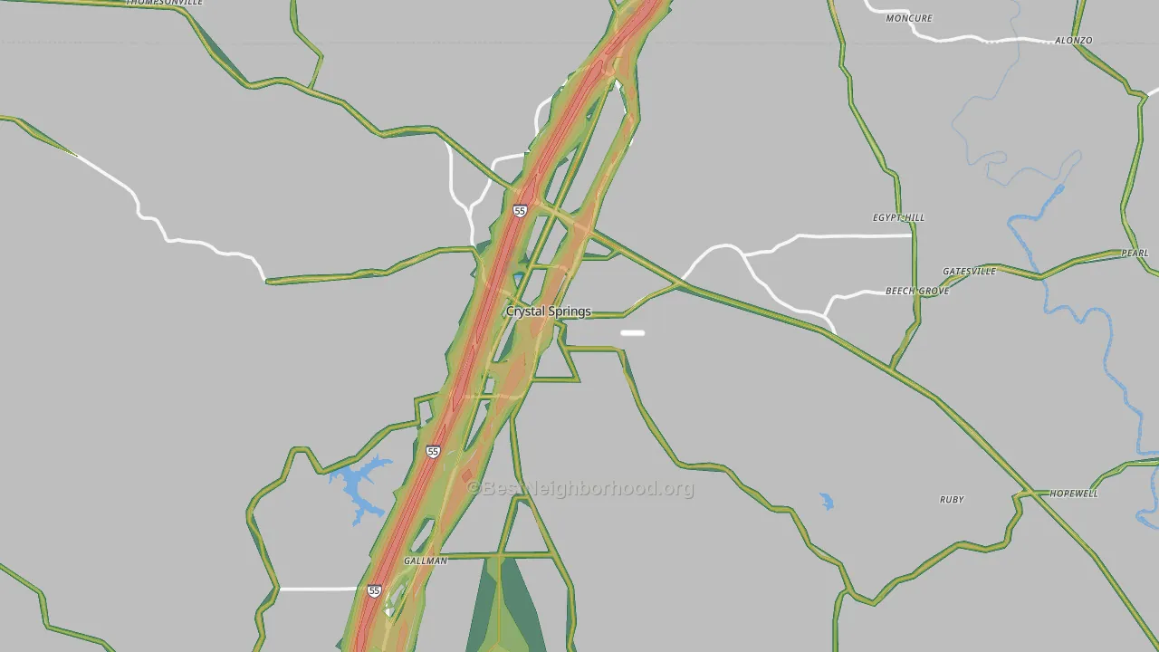 Crystal Springs, MS Map of Noise Levels in Crystal Springs