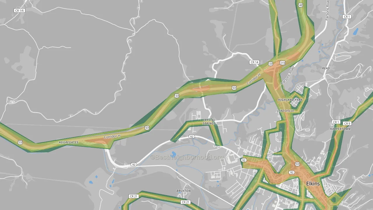 Crystal Springs, WV Map of Noise Levels in Crystal Springs