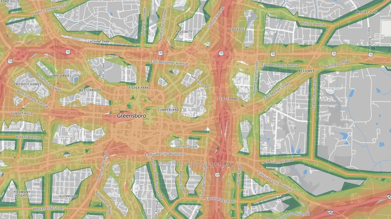 Cumberland, Greensboro, NC Map of Noise Levels in Cumberland