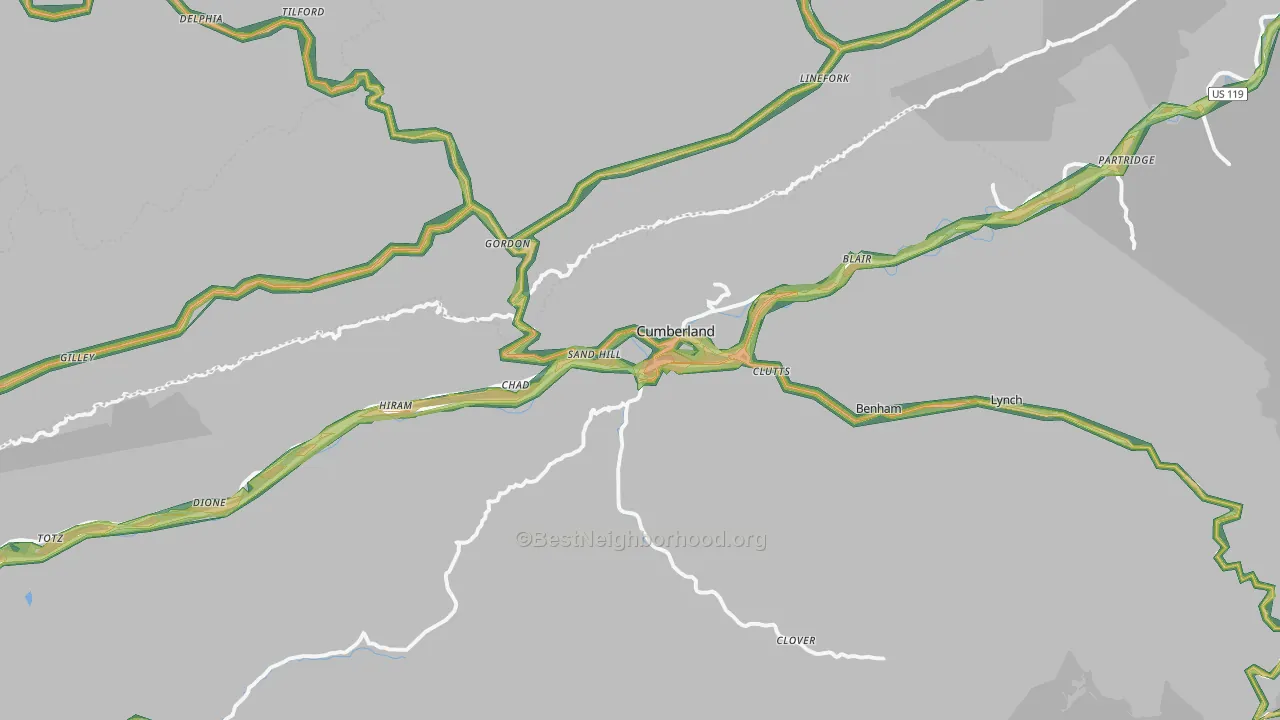 Cumberland, KY Map of Noise Levels in Cumberland