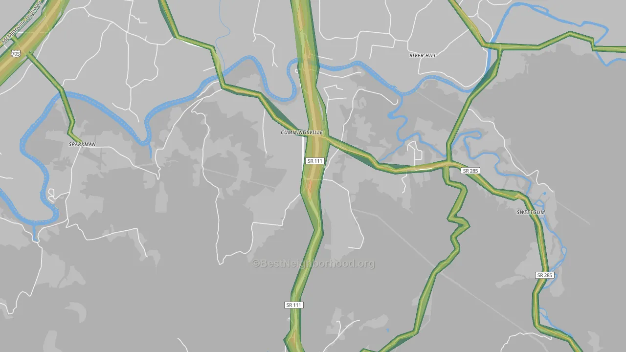 Cummingsville, TN Map of Noise Levels in Cummingsville
