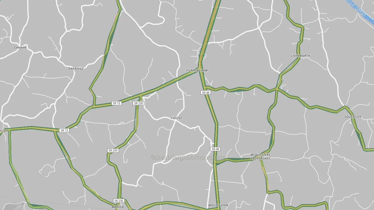 Cunningham, TN Map of Noise Levels in Cunningham