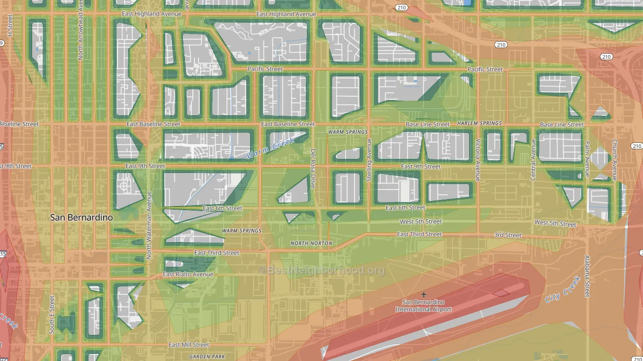Curtis, Highland, CA Map of Noise Levels in Curtis