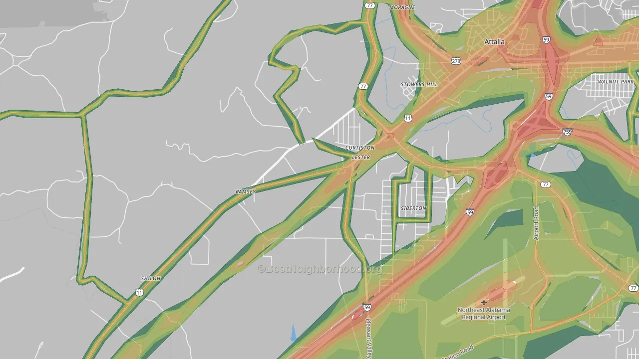 Curtiston, AL Map of Noise Levels in Curtiston