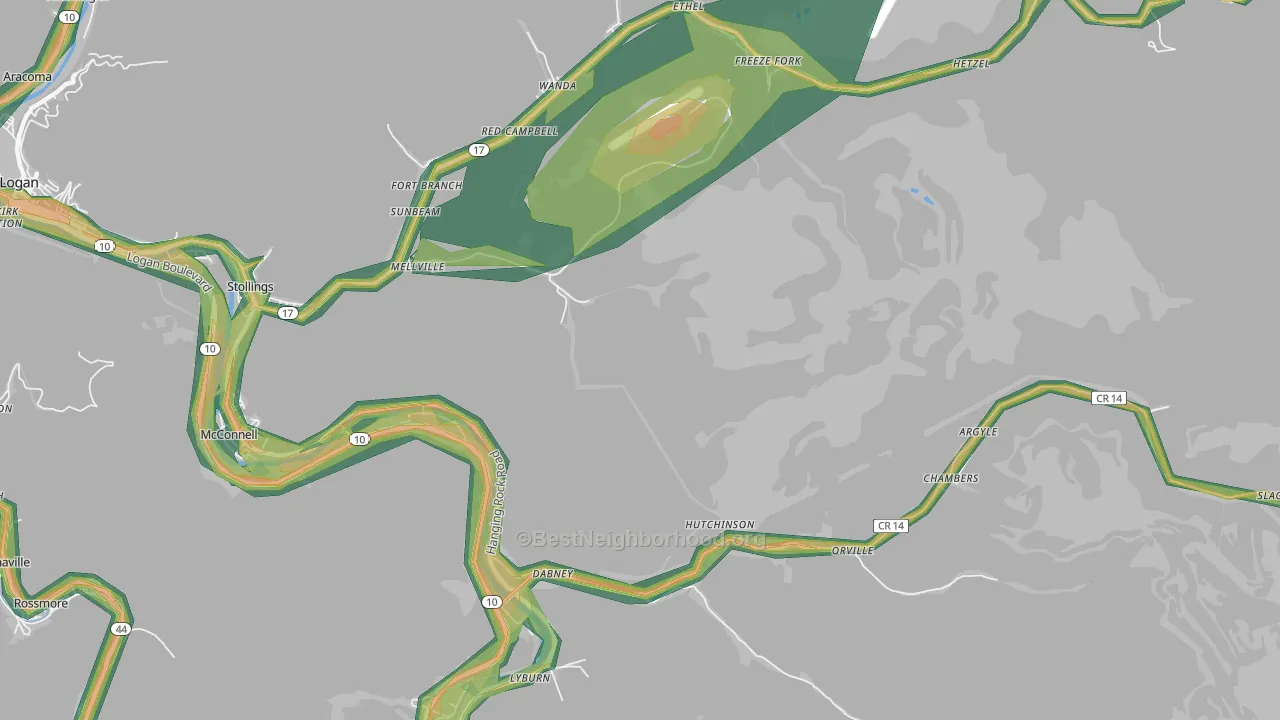 Dabney, WV Map of Noise Levels in Dabney