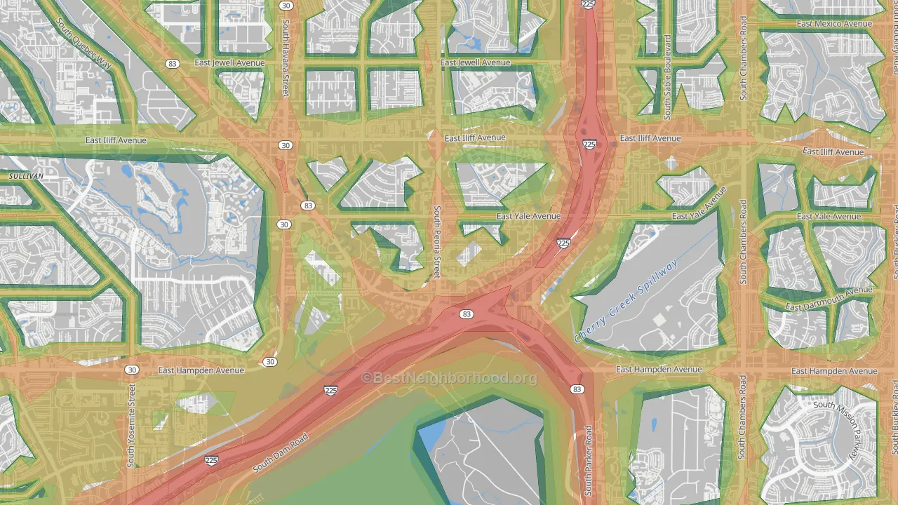 Dam East-West, Aurora, CO Map of Noise Levels in Dam East-West