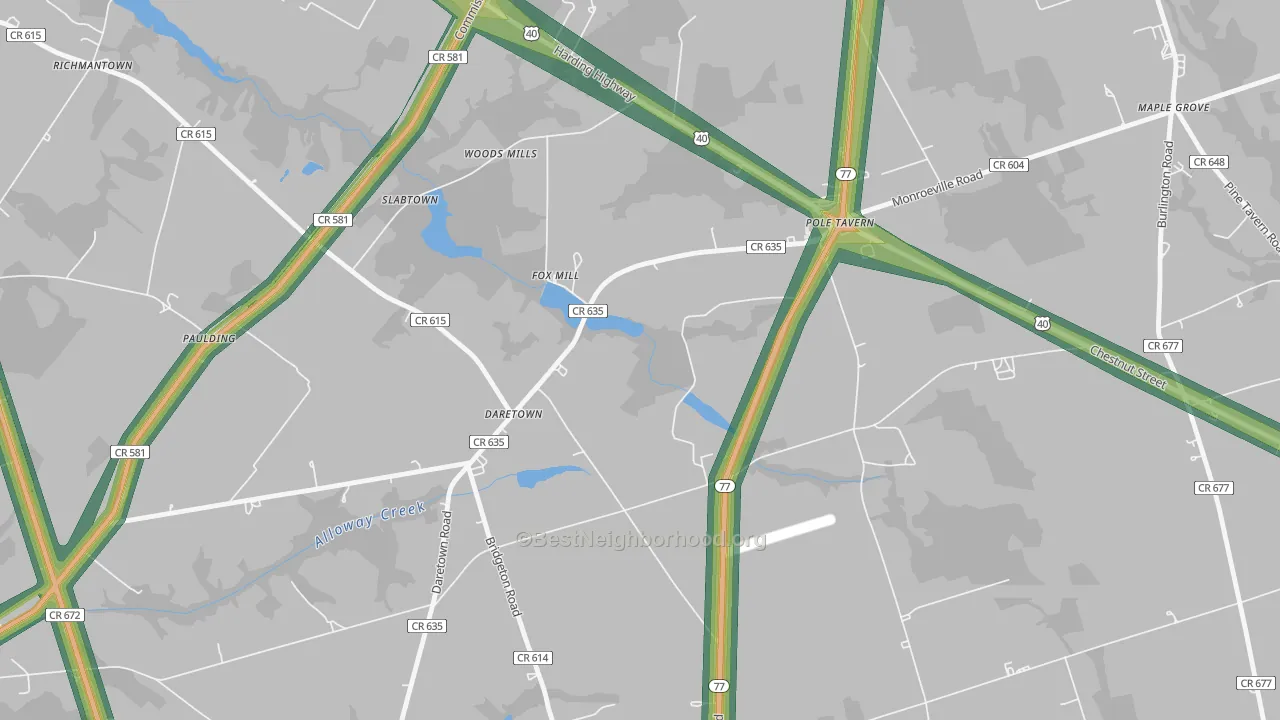 Daretown, NJ Map of Noise Levels in Daretown