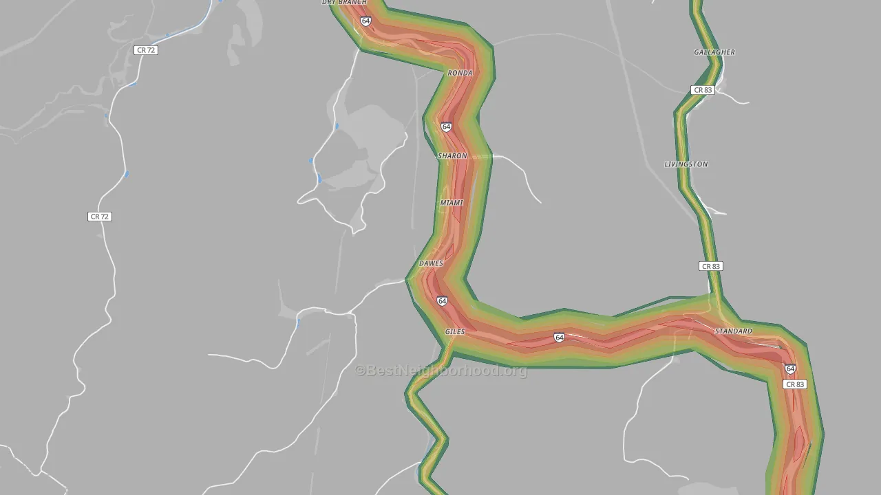 Dawes, WV Map of Noise Levels in Dawes