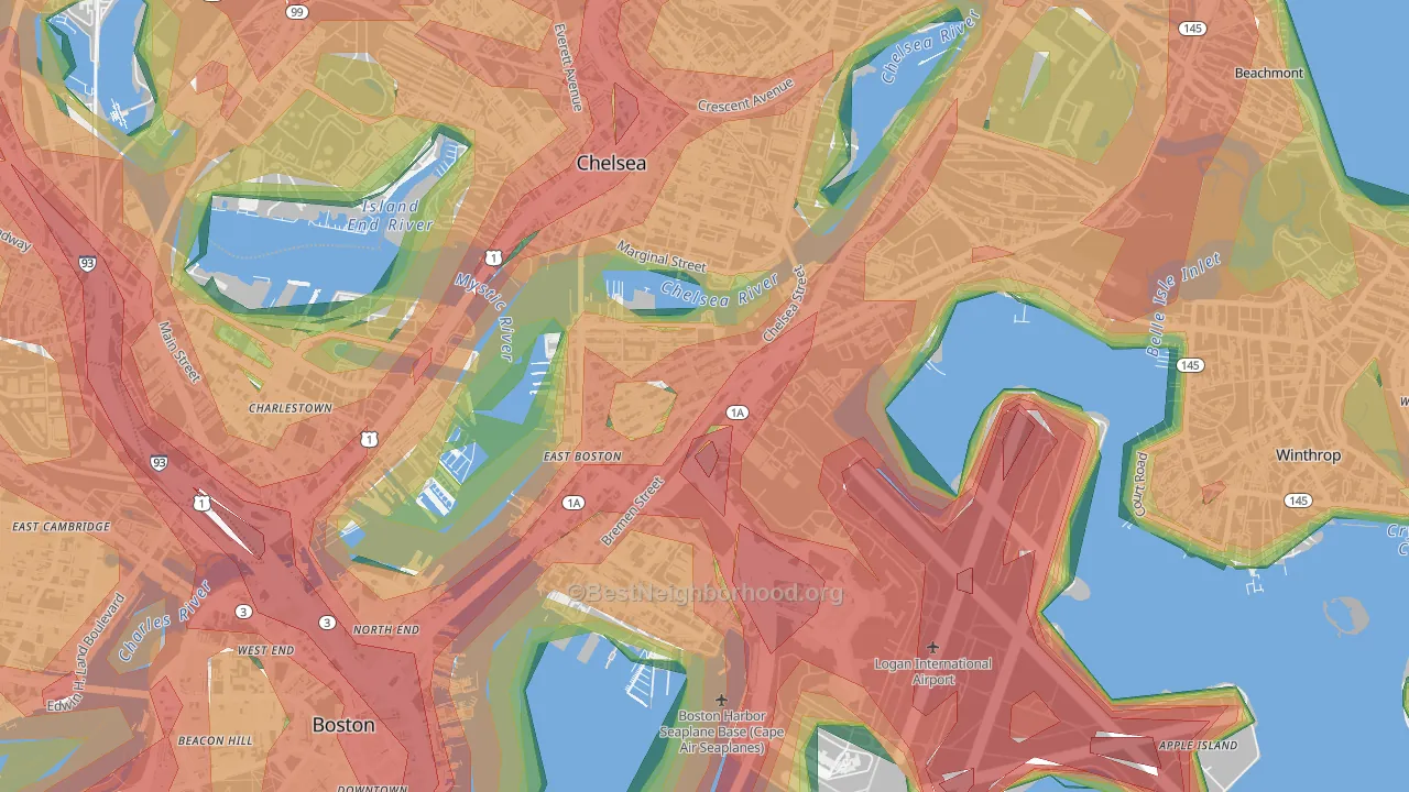 Day Square, Boston, MA Map of Noise Levels in Day Square