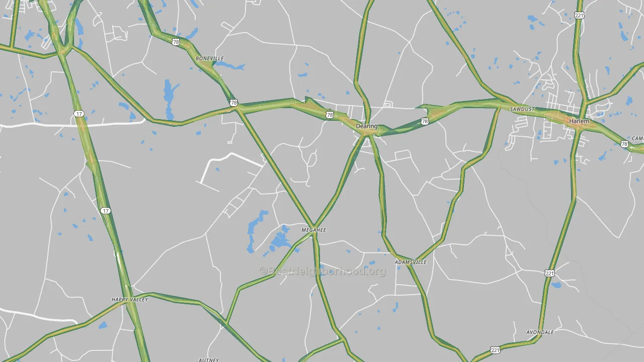 Dearing, GA Map of Noise Levels in Dearing