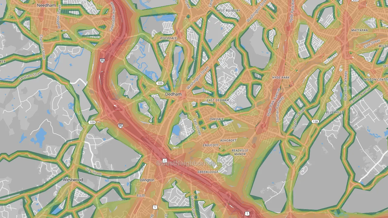 Dedham, MA Map of Noise Levels in Dedham