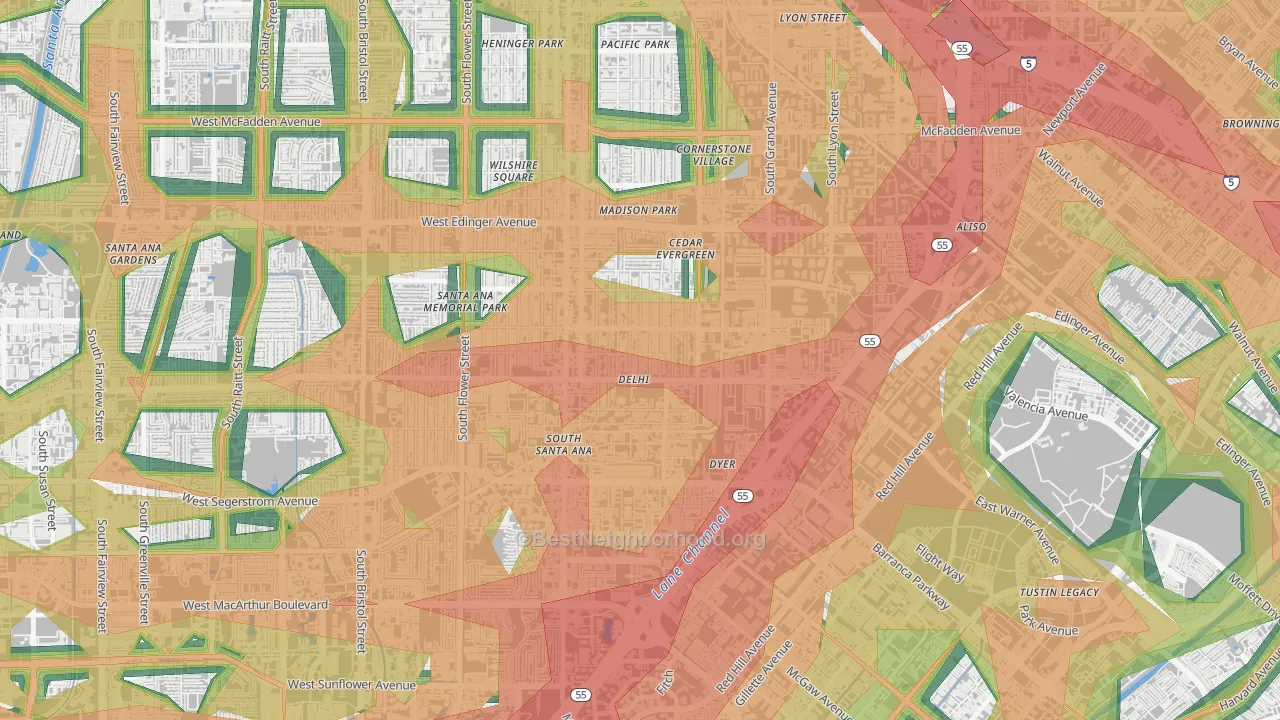 Delhi, Santa Ana, CA Map of Noise Levels in Delhi