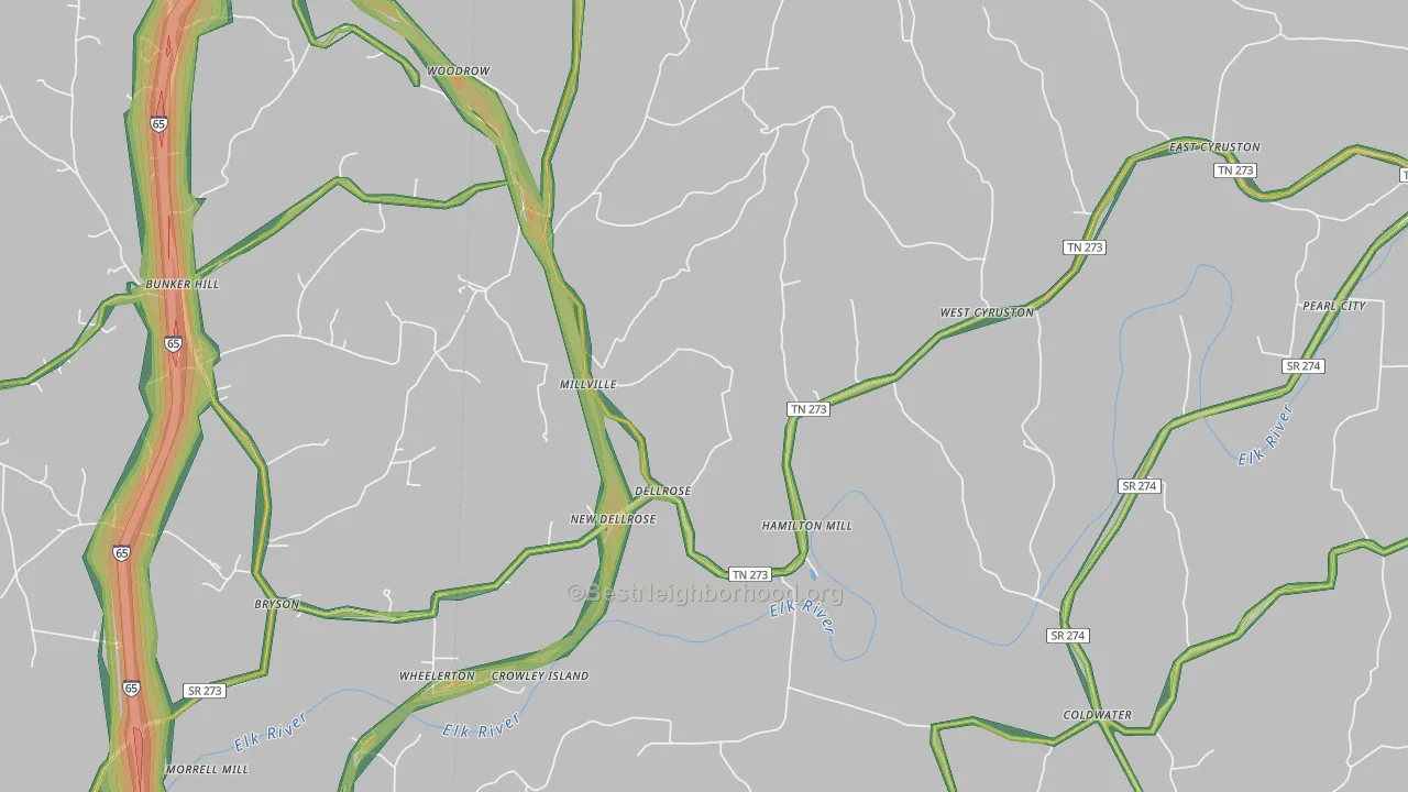 Dellrose, TN Map of Noise Levels in Dellrose