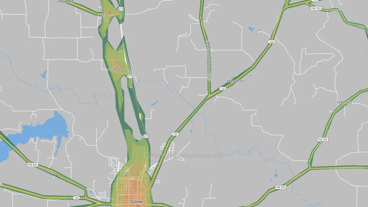 Delrose, TX Map of Noise Levels in Delrose