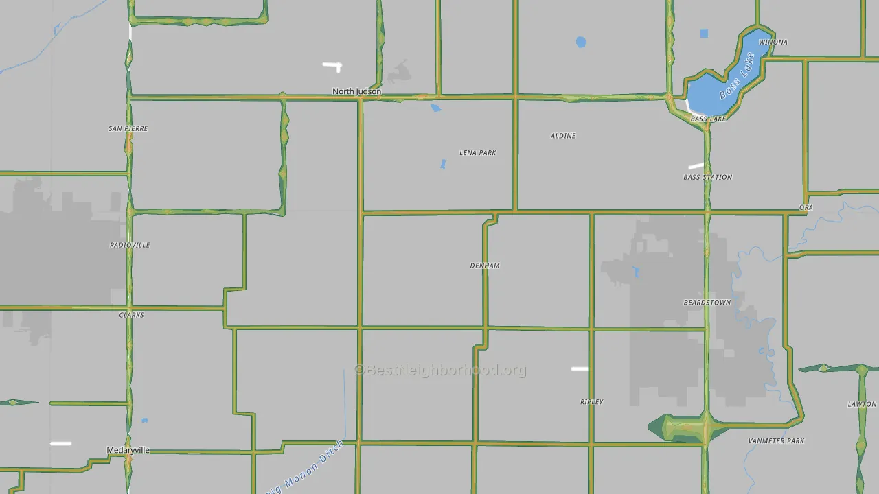 Denham, IN Map of Noise Levels in Denham