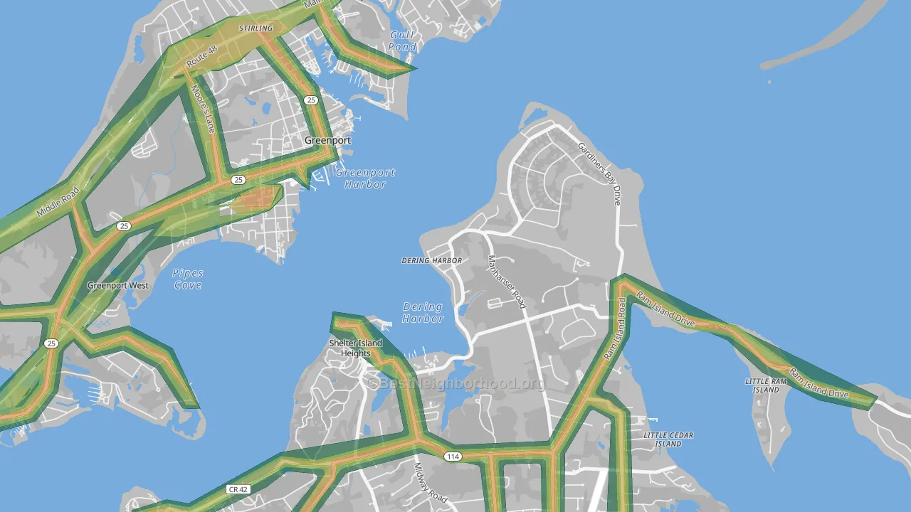 Dering Harbor, NY Map of Noise Levels in Dering Harbor